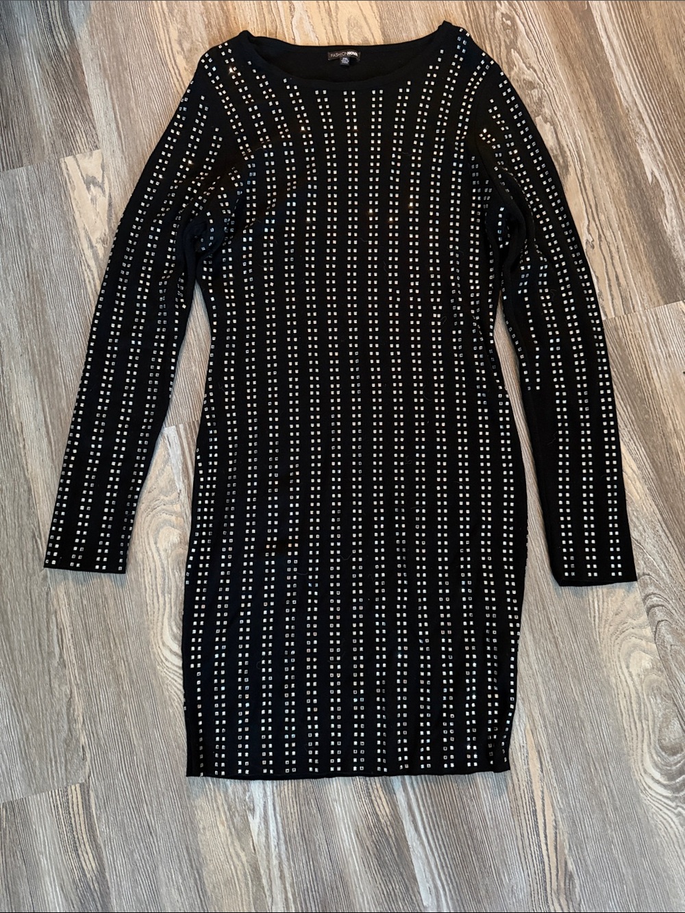 Fashion Nova Black Long-Sleeve Studded Bodycon Dress